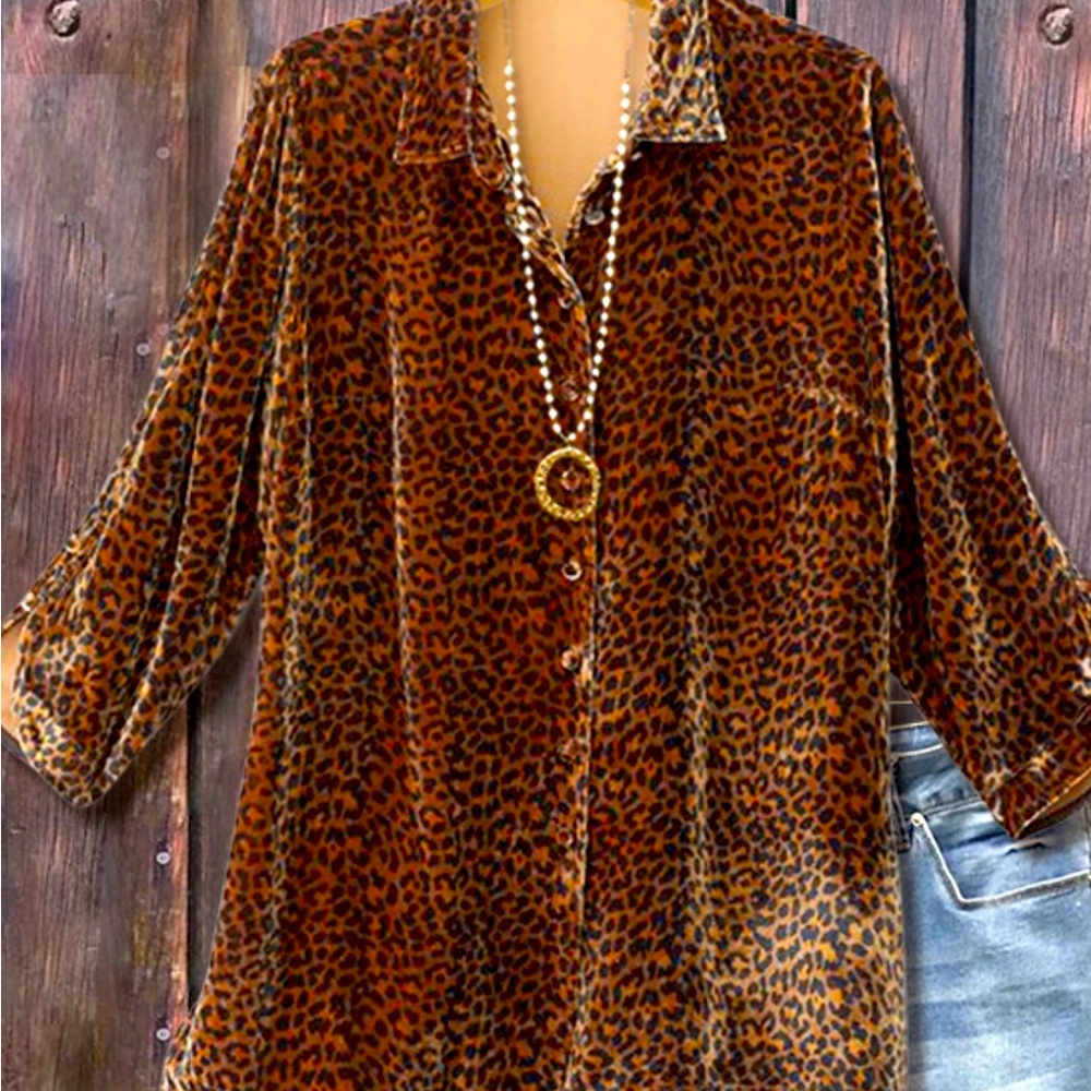 Leopard Print Velvet Tunic Button-Up Shirt
